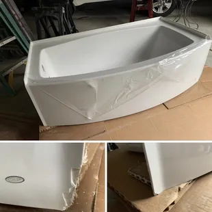 Bummer for us. Special order tub has damage on both front corners.