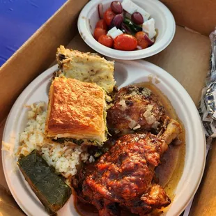 Lamb Shank, Roast Chocken, Moussaka, Spanakopita, Dolmades, Rice Pilaf, Greek Salad,