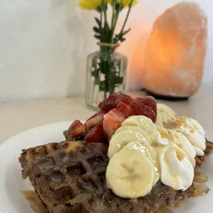 Strawberry and banana protein waffles.