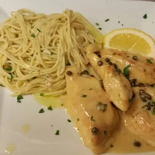 Chicken Piccata with thin spaghetti aglio e olio