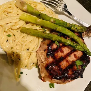 Pork chop with linguini Alfredo