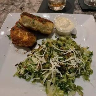 Crab cakes and Brussels sprouts