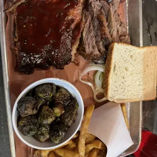 Ribs, brisket, and Brussels Sprouts