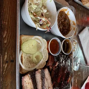 Ribs and pork belly, cold slaw and baked beans