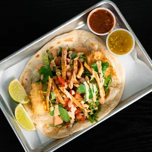 a fish taco on a tortilla