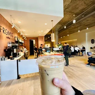 Iced vanilla latte with oat milk