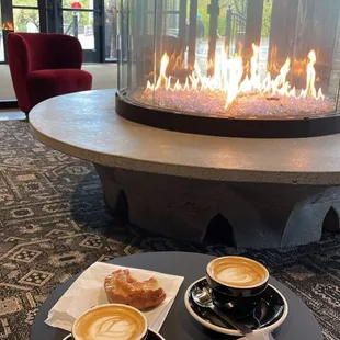 Cappuccinos, old fashioned and coffee cake donut