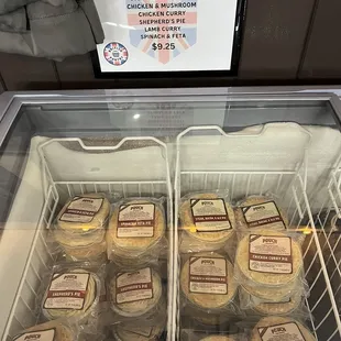 Frozen meat pies in the British shop