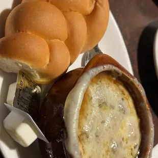 Crock of French Onion with Cheese with homemade bread
