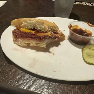 Medium-rare smokehouse burger with ham on the side and no provolone.