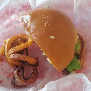 Burger and curly fries!