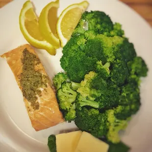 Our Friday lunch special. Baked salmon with pesto butter and your choice of side.