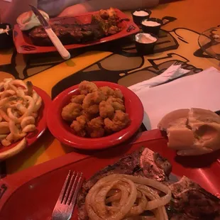 Chicken and ribs platter. Steak and shrimp