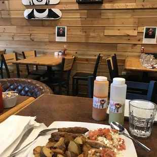 Molletes (under Mexican breakfast) and a side of two sausage links