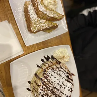 Classic pancakes with chocolate syrup and a side of 1/2 French Toast.