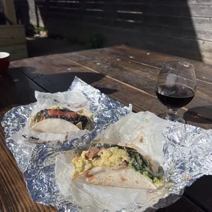 Migas tacos--one with black refried beans and the other with pinto.