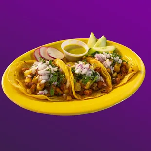 Street Tacos 
Choose your Meat.
Chicken, Steak,Carnitas,Pastor,Barbacoa,Chorizo.