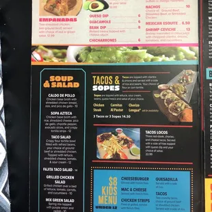 Appetizers, soup &amp; salad, tacos &amp; sopes. &amp; kids menu.