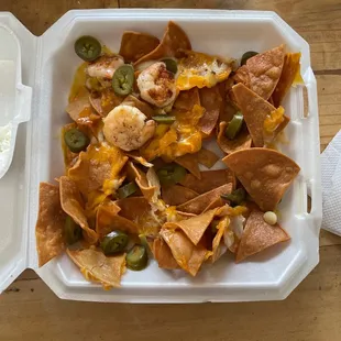 Supposed to be "bean" and cheese nachos. W/ shrimp
