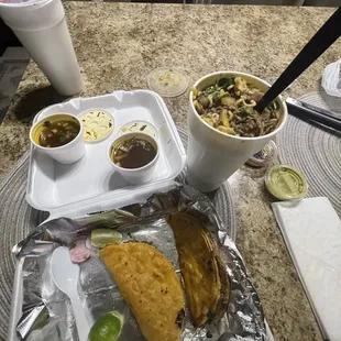 Birria tacos and birria ramen and hibiscus drink