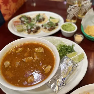 Pozole served w/ corn tortillas- so rich &amp; flavorful