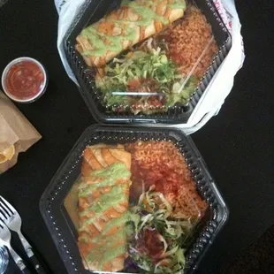 2 chicken chimichangas to go! Rice and mexican salad on the side. Comes with a small bag of chips and salsa for free.