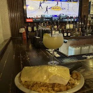 a plate of food and a drink