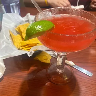 Strawberry margarita and chips and dip