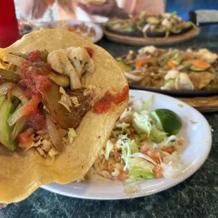 Veggie Fajitas with corn tortillas, rice, beans and pico de gallo