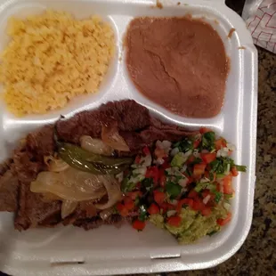 Carne asada platter. Great quantity. There were three slices of beef and three corn tortillas (not shown). Yummy.