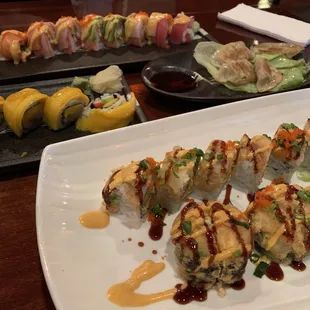 Front to back: Aryana roll, Germantown roll, Mango roll, Gyoza, Angel roll