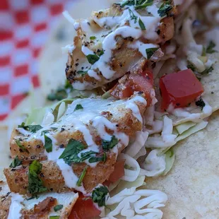 The grilled fish tacos have just the right amount of spice and flaky moist fish.