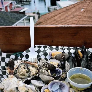 Mussels, oysters, clams, sampler plate