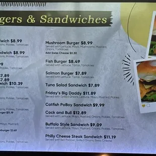 Menu Burgers and Sandwiches