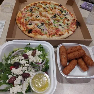 Greek salad, cheese sticks (tasty- but no 'stretch')&amp; chicken Supreme 14" pizza  11-20-22