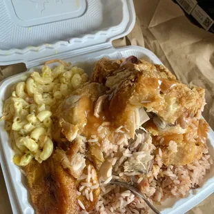 Fried chicken? Rice and peas and macaroni salad !!