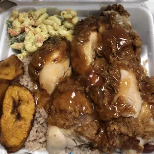 Large Fried Chicken with Rice &amp; Peas and Macaroni Salad... $10.00