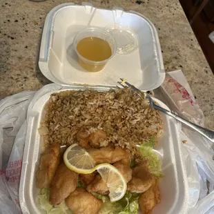 Lunch portion lemon chicken and fried rice