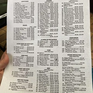 the price list for the restaurant