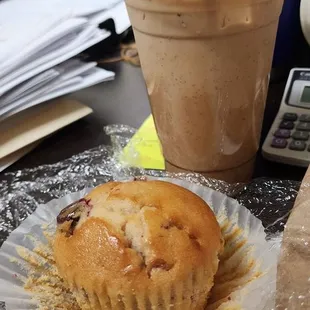 Beehive latte extra shot and a cranberry orange muffin!