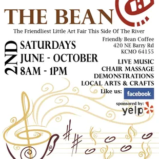 join us on the second saturday of each month at the friendly bean for a really good time, now through october. :)