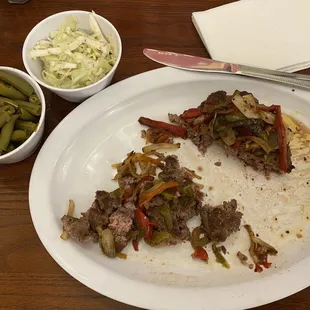 10 oz. Hamburger Steak with green beans and coleslaw.