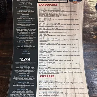 Appetizers, salads, sandwiches/burgers, entrees