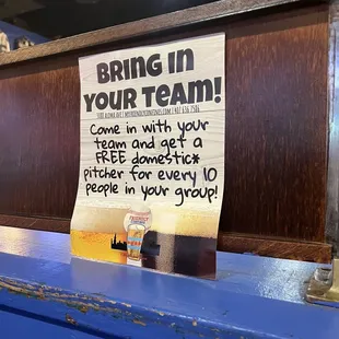 For every 10 people in your group, get a free pitcher of domestic beer