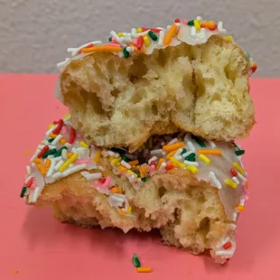 @endoedibles on Instagram 08/23/24  Cake Donut with White Icing and Sprinkles
