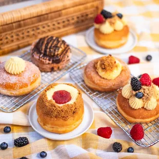 July Seasonals: Apricot Jam &amp; Cream, Berries Crisp, Plum Jam, Baked Chocolate Chip Dossant, Peaches and Cream,