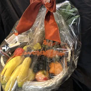 Large basket combination. Of fruit, gourmet meat, cheese, crackers, and chocolate. Starts at $80.00 and up.