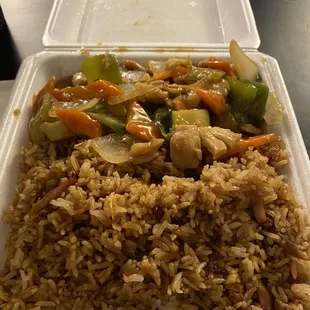 Chicken w/ Mixed Vegetables over Pork Fried Rice. Plate usually comes with Chicken Fried Rice but I upgraded to Pork for $1.