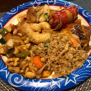 Salted Pork Spareribs, House Egg Foo Yung, egg rolls, Prawns, Kung Pao Chicken