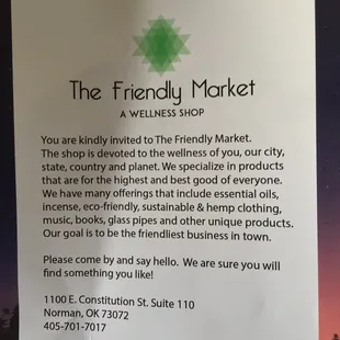 This is the flyer from the store. Describes the store and what they sell.